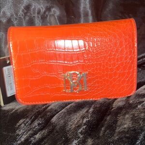 Badgley Mischka Orange Croc-Embossed Wristlet with Gold Logo